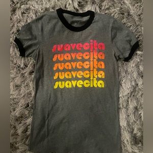 Gray ringer tee with multicolor Suavecita graphic